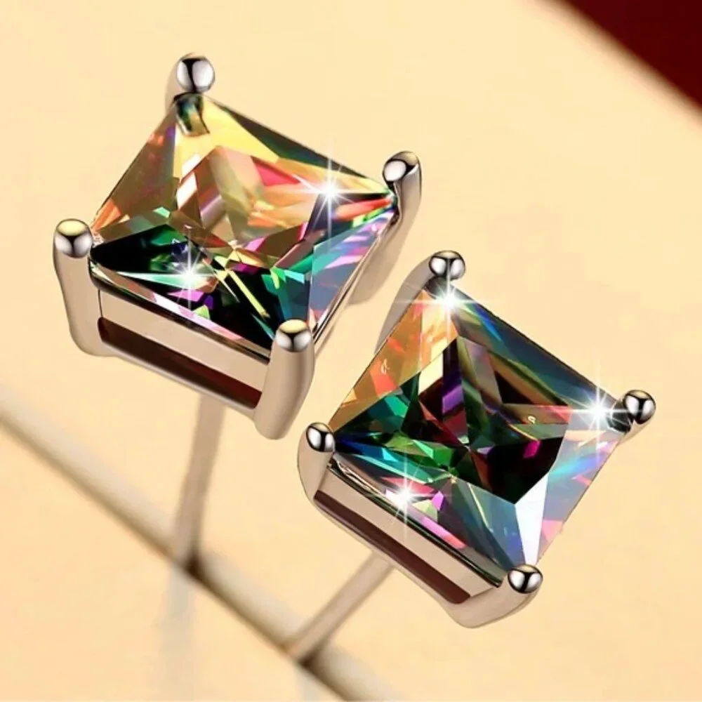 Mystic Rainbow Topaz 3.50CT Princess Cut Earring Pair, 925 Sterling Silver - Picture 5 of 7